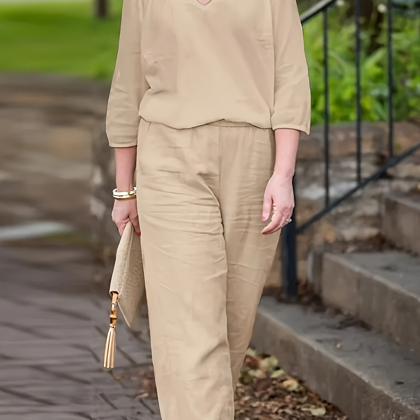  Long Sleeve Notched Neck Top & Wide Leg Pants Set