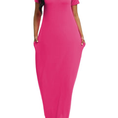  Solid V Neck A Line Short Sleeve Maxi T shirt Dress