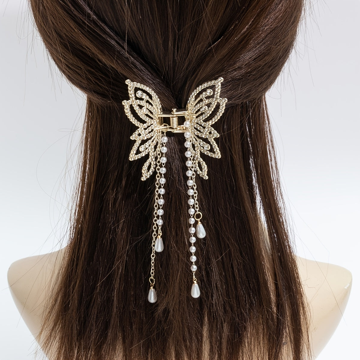 Rhinestone Faux Pearl Butterfly Tassel Hair Claw Clip Non Slip Strong Grip