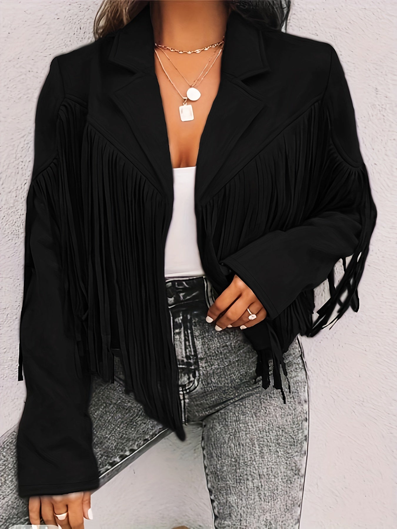  Solid Fringe Trim Crop Blazer