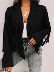  Solid Fringe Trim Crop Blazer