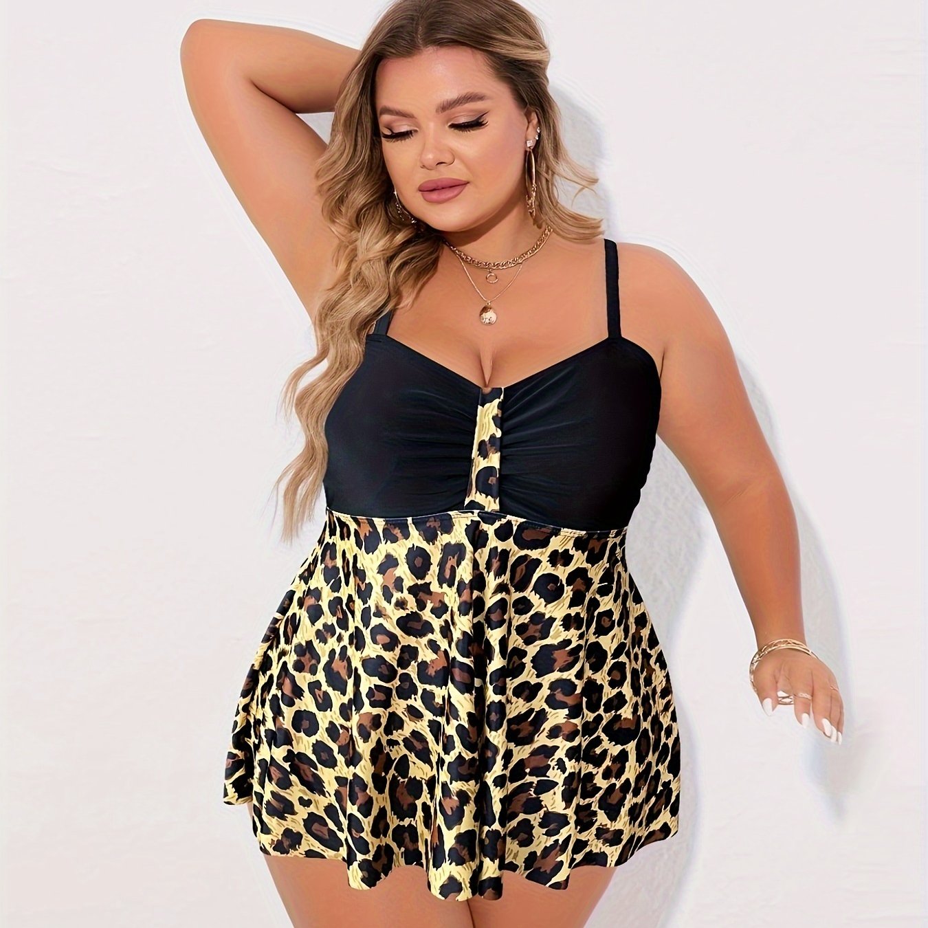  Leopard Print Tankini Set V Neck Ruched Cami Top & Panty Swimsuit