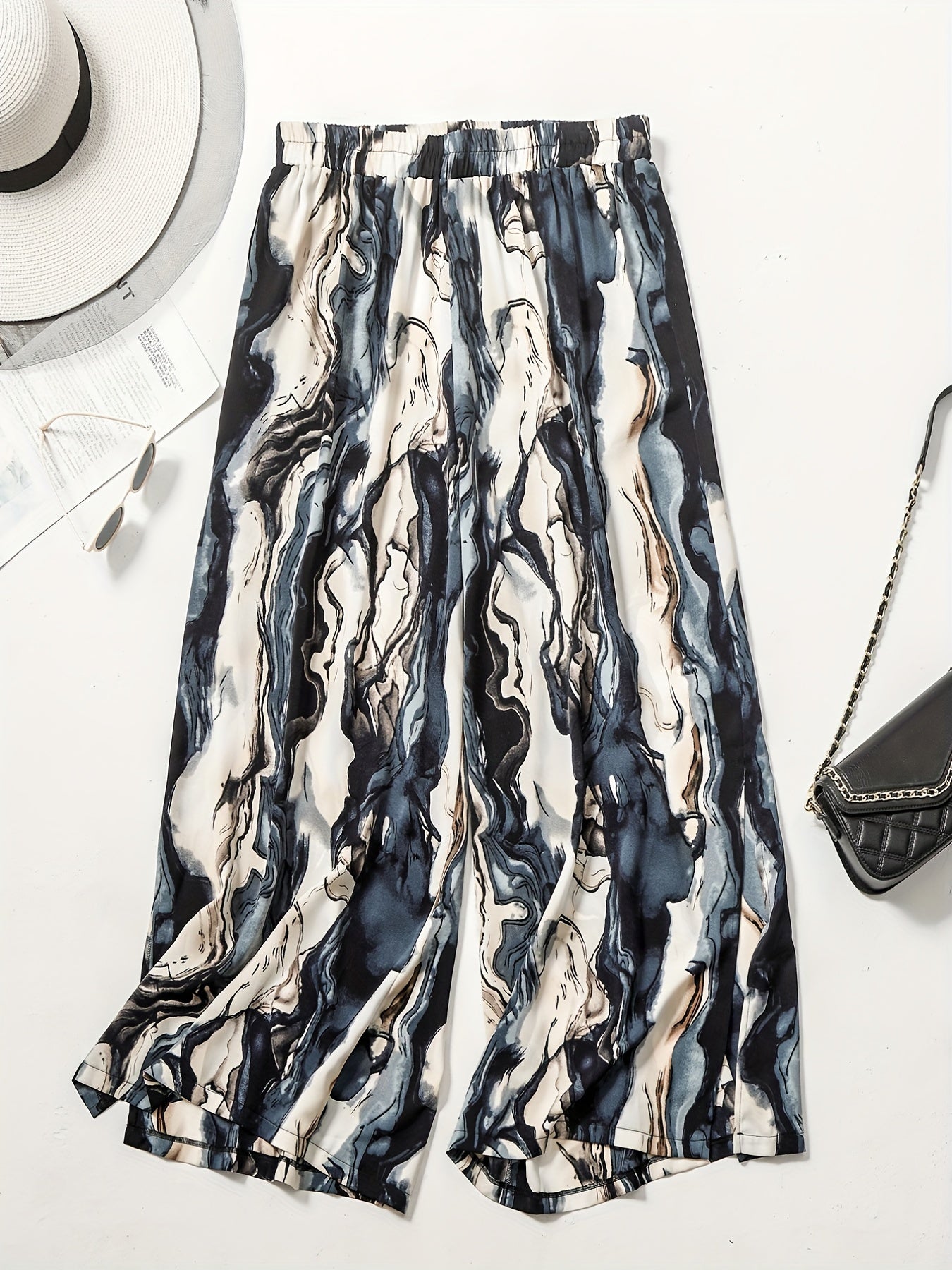  Marble Print High Rise Wide Leg Trousers