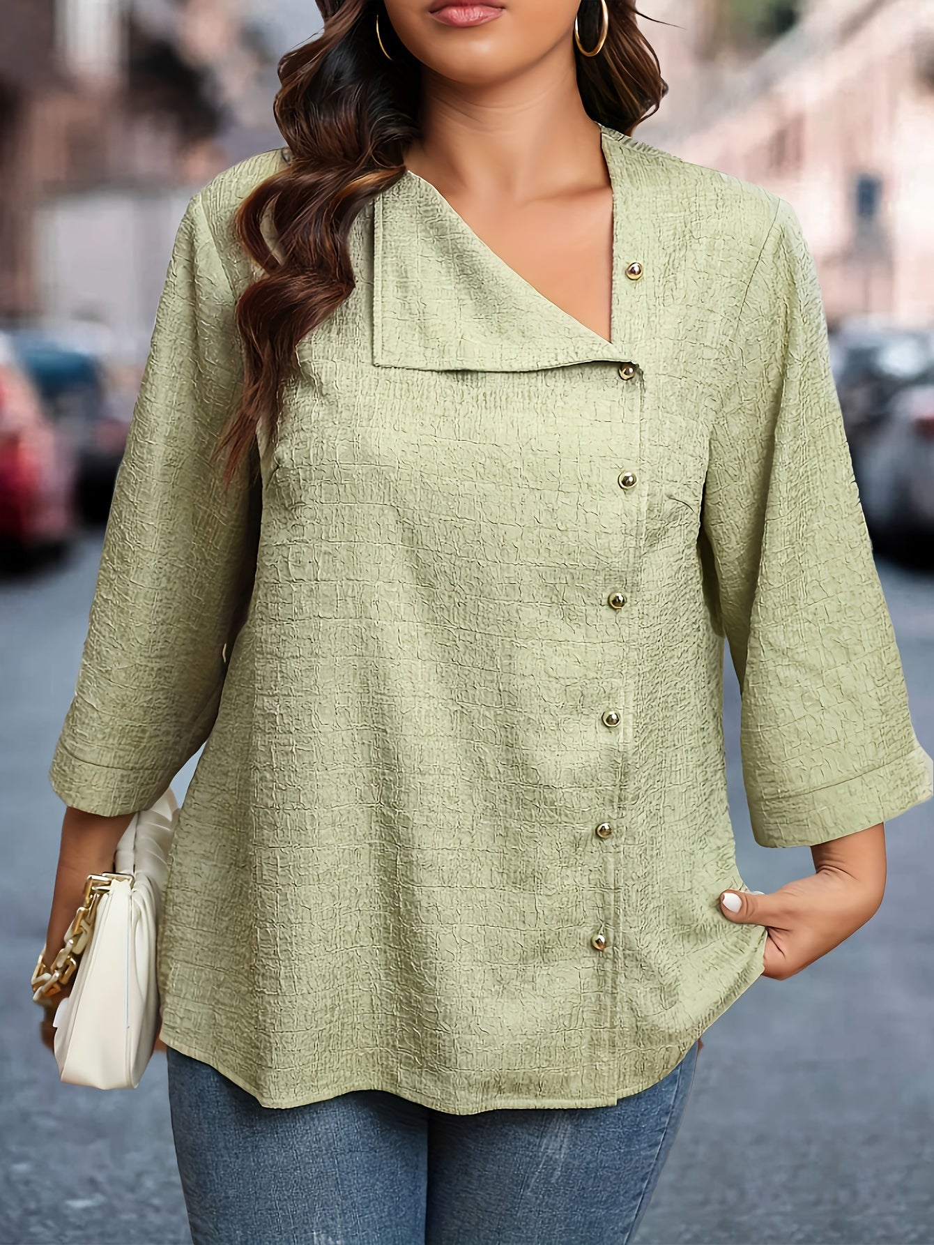  Jacquard Button Up Long Sleeve Blouse