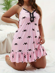  Heart Print Lace Trim V Neck Nightdress