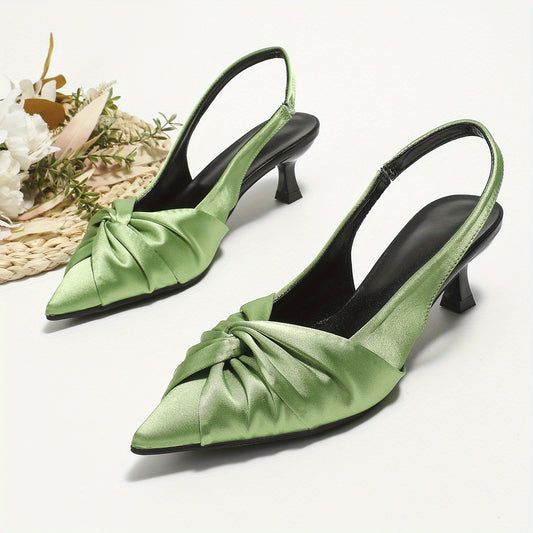 Women's Satin Kitten Heels Pointed Toe Bow Elastic Strap Slip On Low Heels