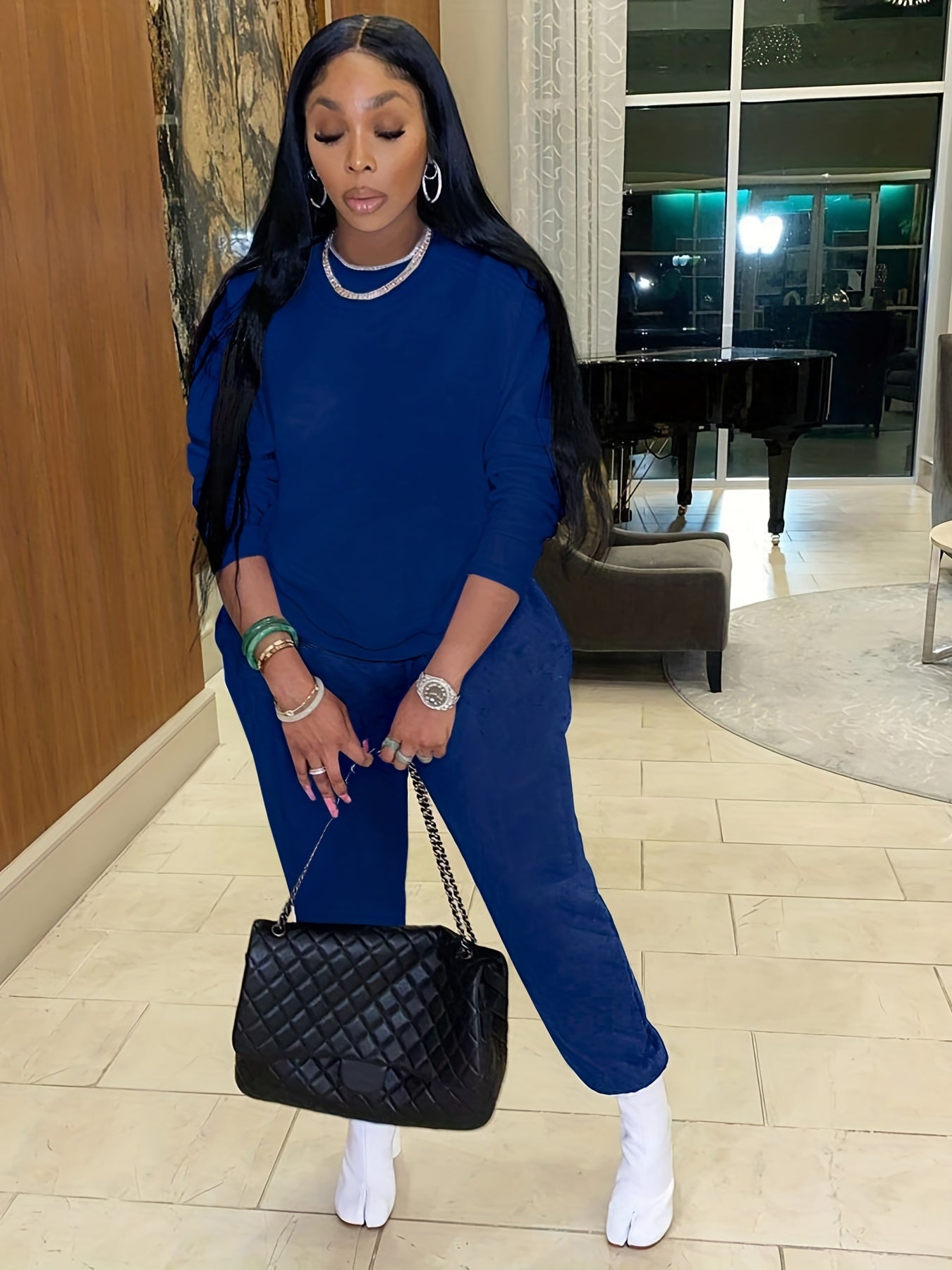 Solid Workout Set Crew Neck Long Sleeve Tops & Pants Outfits
