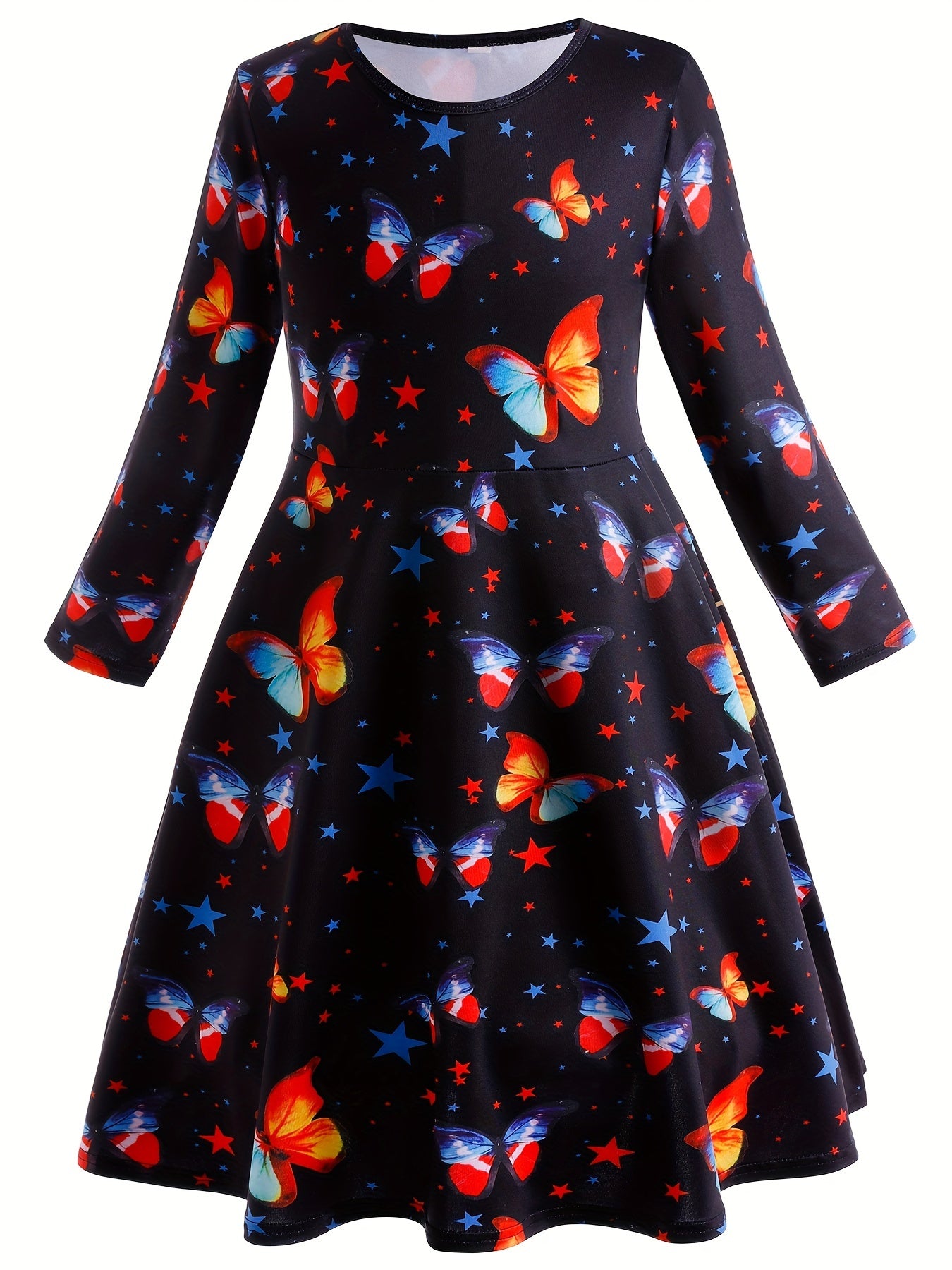 Girls Butterfly Graphic Long Sleeve Dress Spring Fall Party