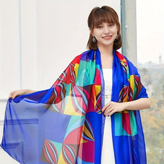 Thin Silk Chiffon Shawl Long Printed Scarf Sunshade Beach Towel