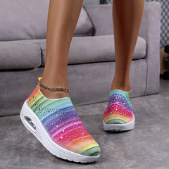 Women's Rhinestone Sporty Chunky Sneakers Fly Weaving Slip On Walking Shoes