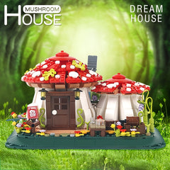 Mushroom House Building Blocks Set with Mushrooms Flowers Pathway