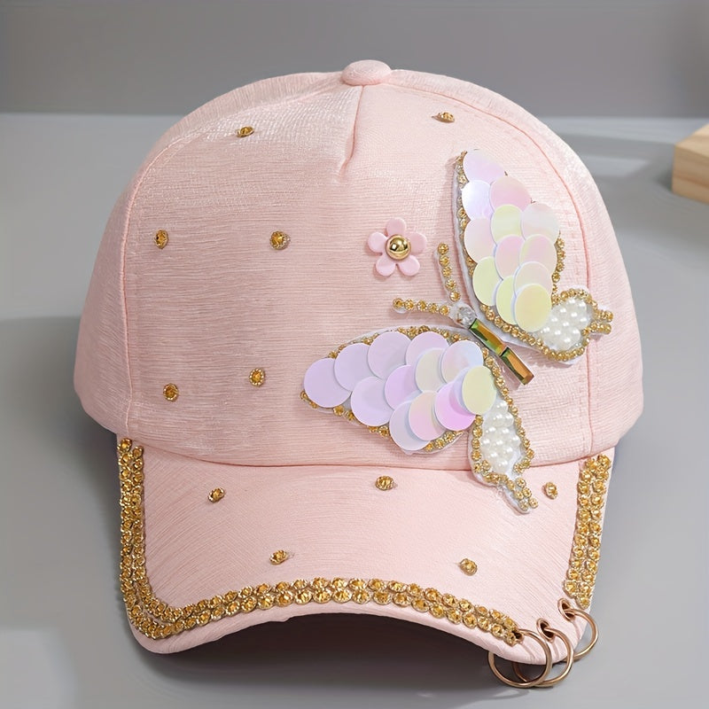 Y2K Butterfly Baseball Cap Rhinestone Sequin Pearl Cotton Hat
