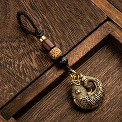 Lucky Fish Brass Car Pendant Key Chain Vintage Chinese Style Hand woven Rope