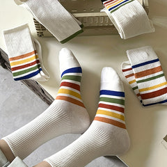 5 Pairs Rainbow Striped Socks Comfy & Mid Tube Women's Stockings Hosiery