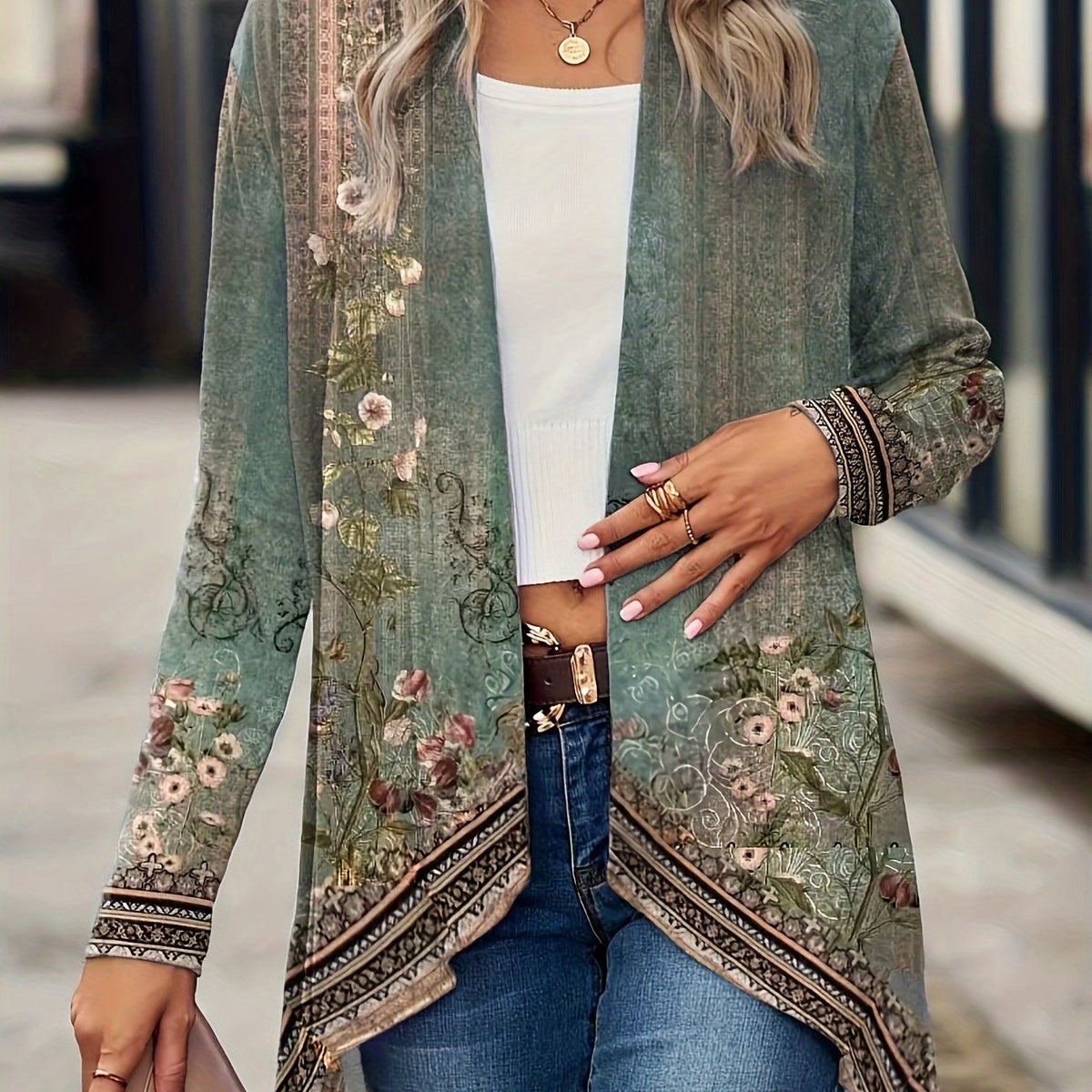  Floral Print Long Sleeve Open Front Cardigan