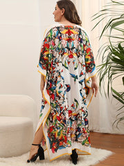 Boho Cover Up Dress Plus Size Print Bat Sleeve V Neck Slight S