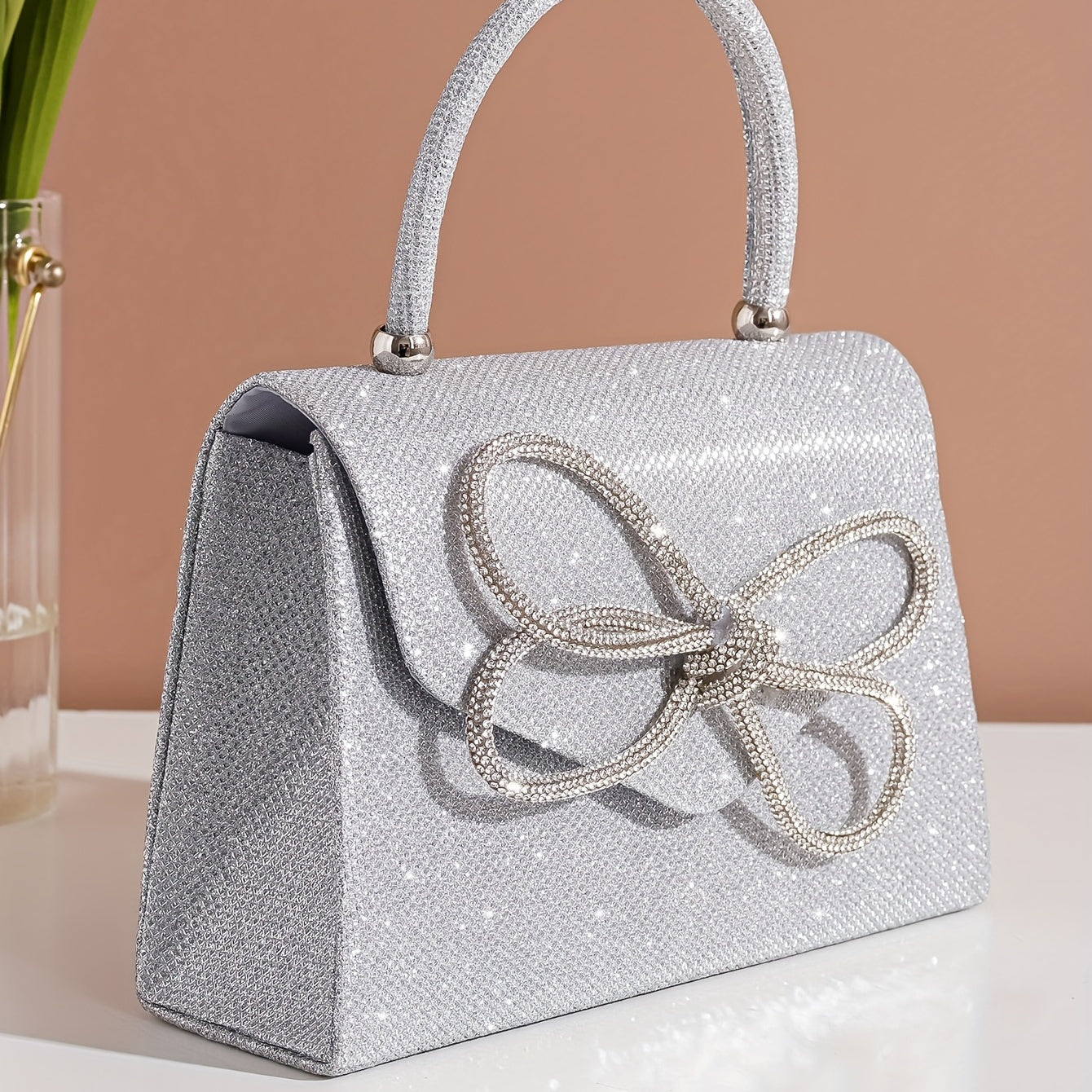 Glitter Bow Rhinestone Evening Bag Clutch Purse Chain Shoulder Wedding Party