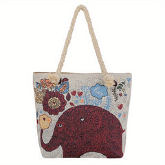 Ethnic Style Elephant Pattern Tote Bag Vintage Large Capacity Beach Bag