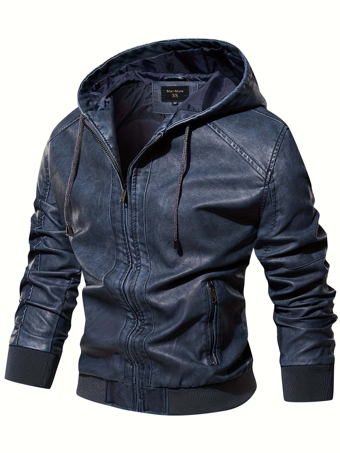 Men's PU Hooded Jacket Zip Up Leather Jacket Spring Fall