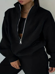 Casual Matching Two piece Set Zip Up Sweatshirt & Solid Sweatpants