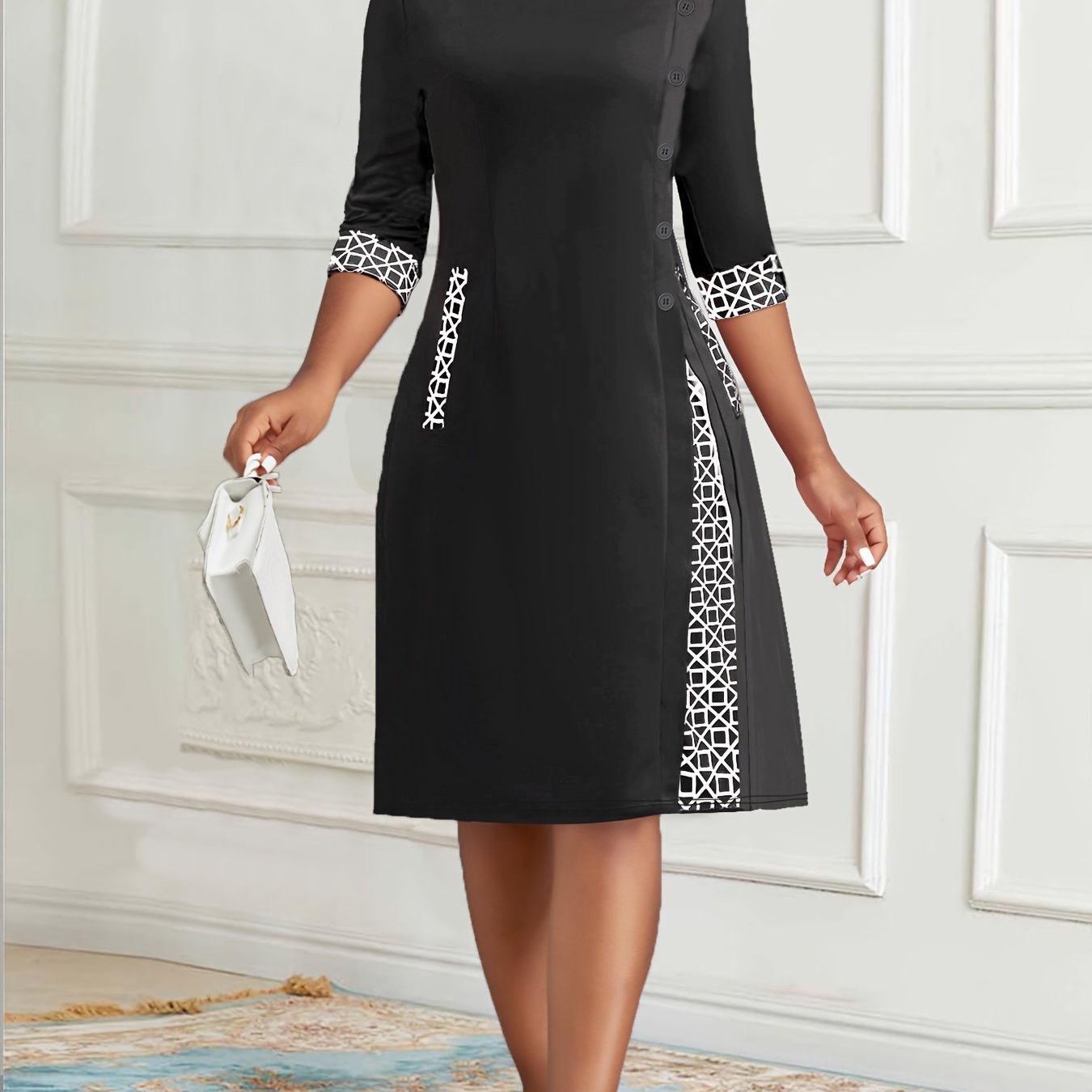  Geometric Print Colorblock Round Neck Dress