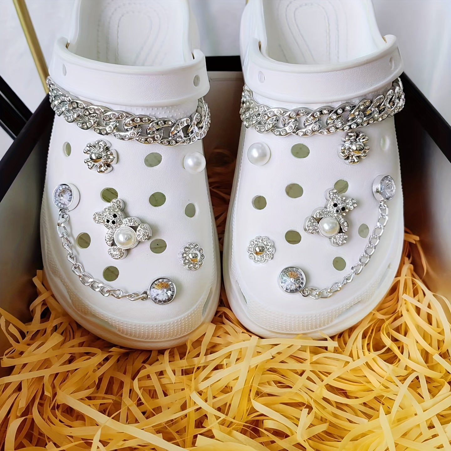 12pcs Shoe Charms Set with Pearls and Accessories for Women's Cross Hole Shoes
