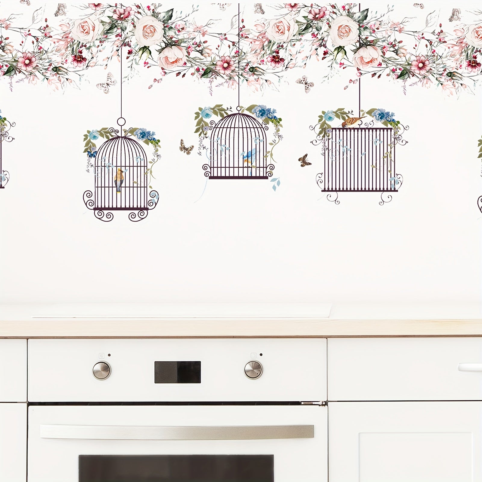 Flowers Wall Stickers DIY Butterfly Green Leaves Birdcage Parrots Wall Decals