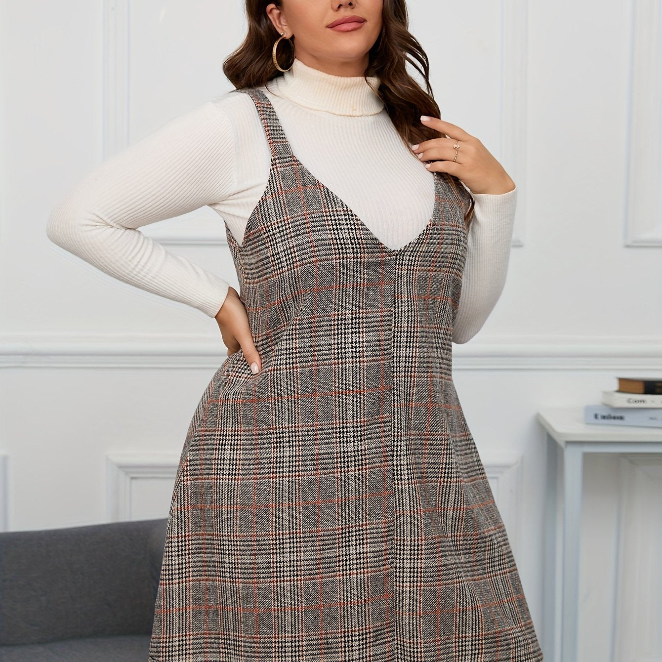  Plaid Print V Neck Mini Overall Dress
