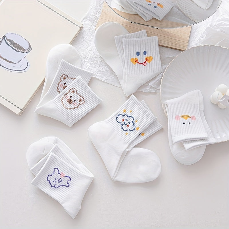 5 Pairs Cute Cartoon Print Socks Soft Mid Tube Women's Stockings