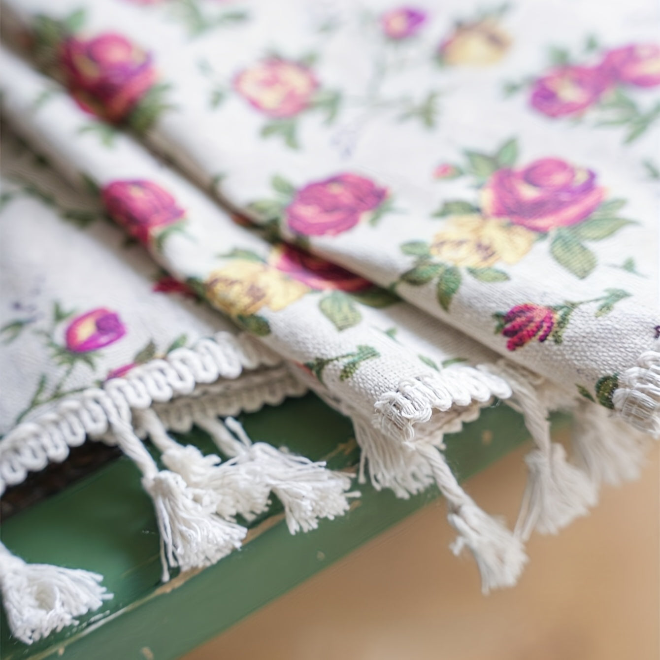 Boho Floral Curtain Soft Cotton Hemp Fabric for Living Room Bedroom Beige Tassel