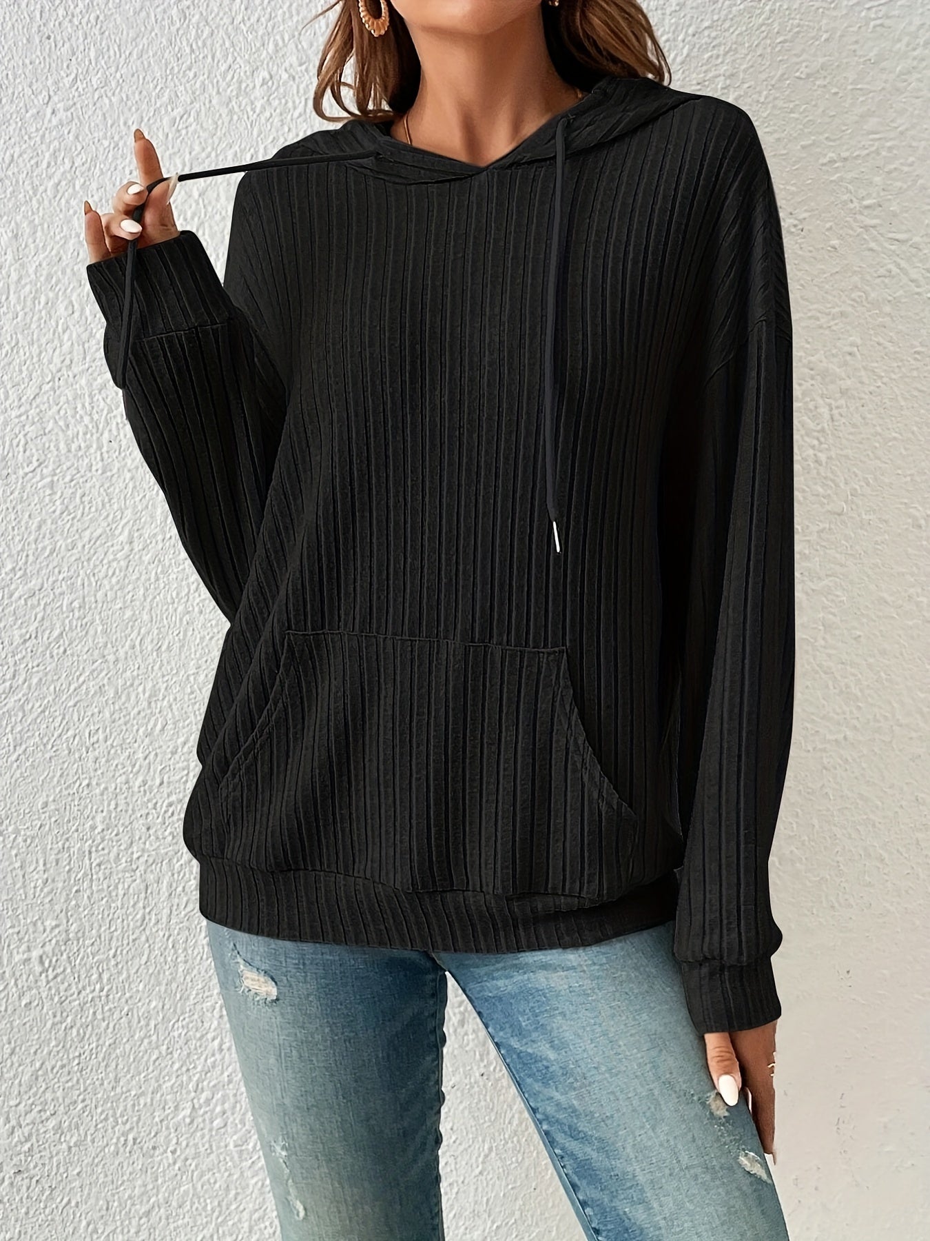 Solid Drawstring Kangaroo Pockets Hoodie Casual Long Sleeve Hoodie