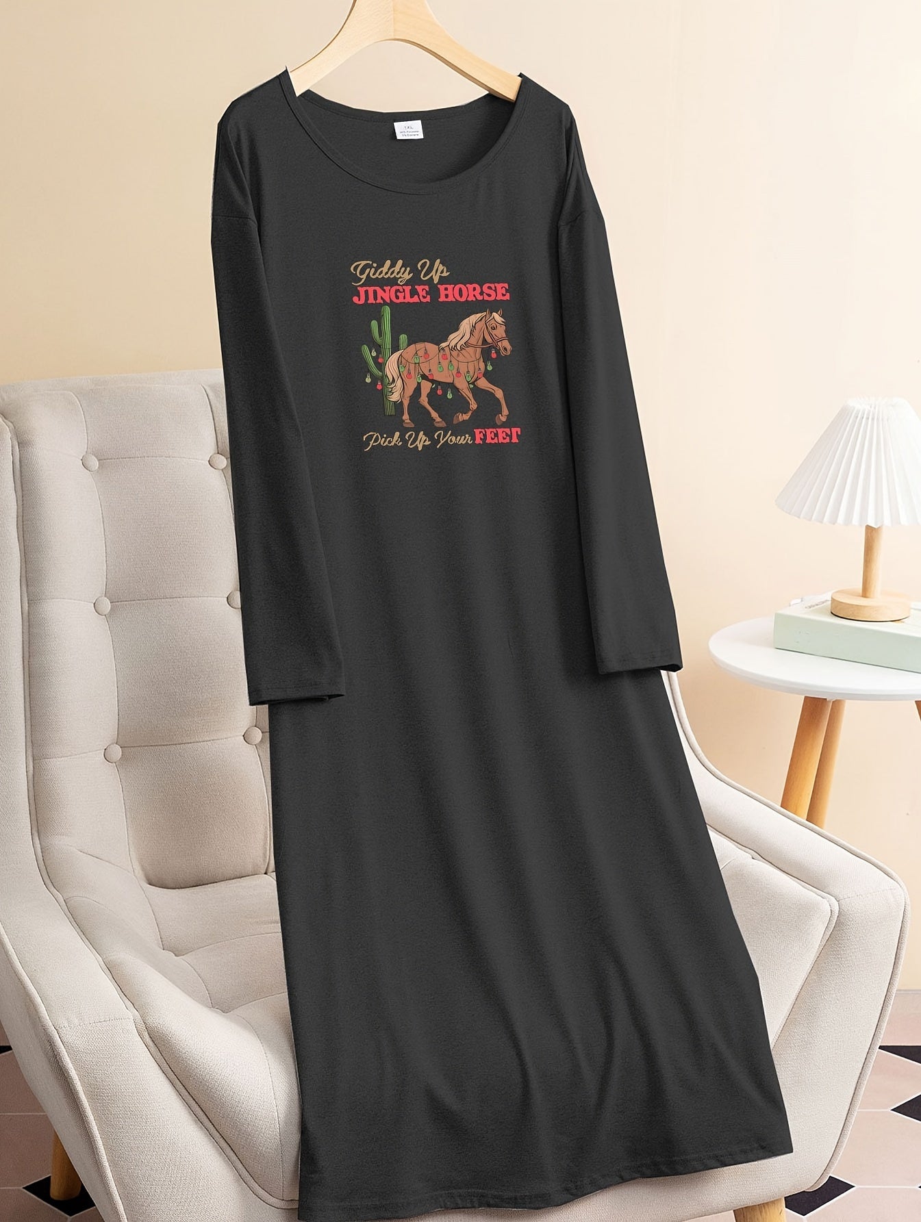  Christmas Horse & String Lights Print Sleep Dress