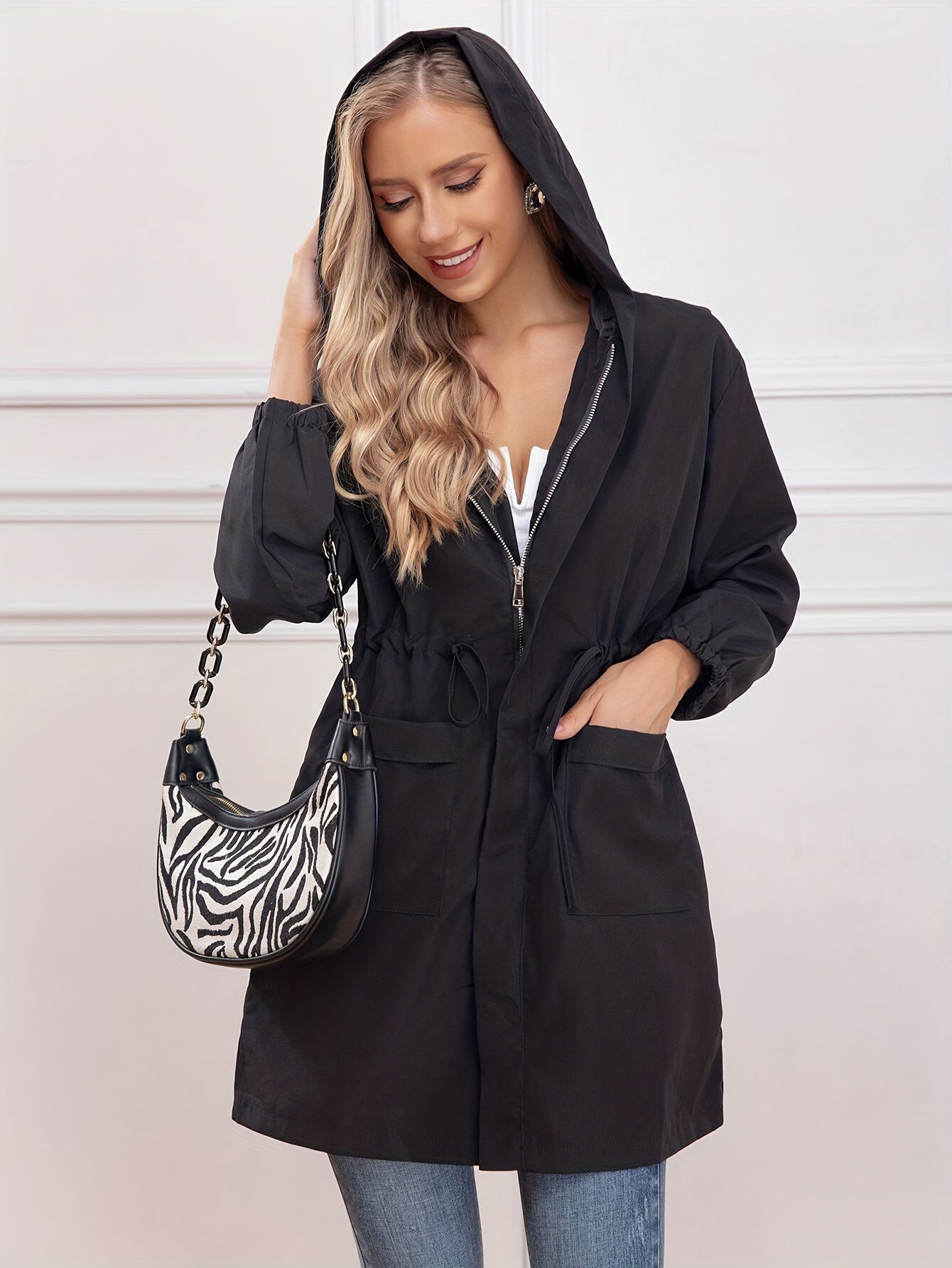 Drawstring Waist Hooded Jacket Women's Outerwear