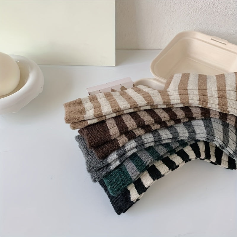 5 Pairs Striped Crew Socks Mid Tube Socks Women's Stockings & Hosiery