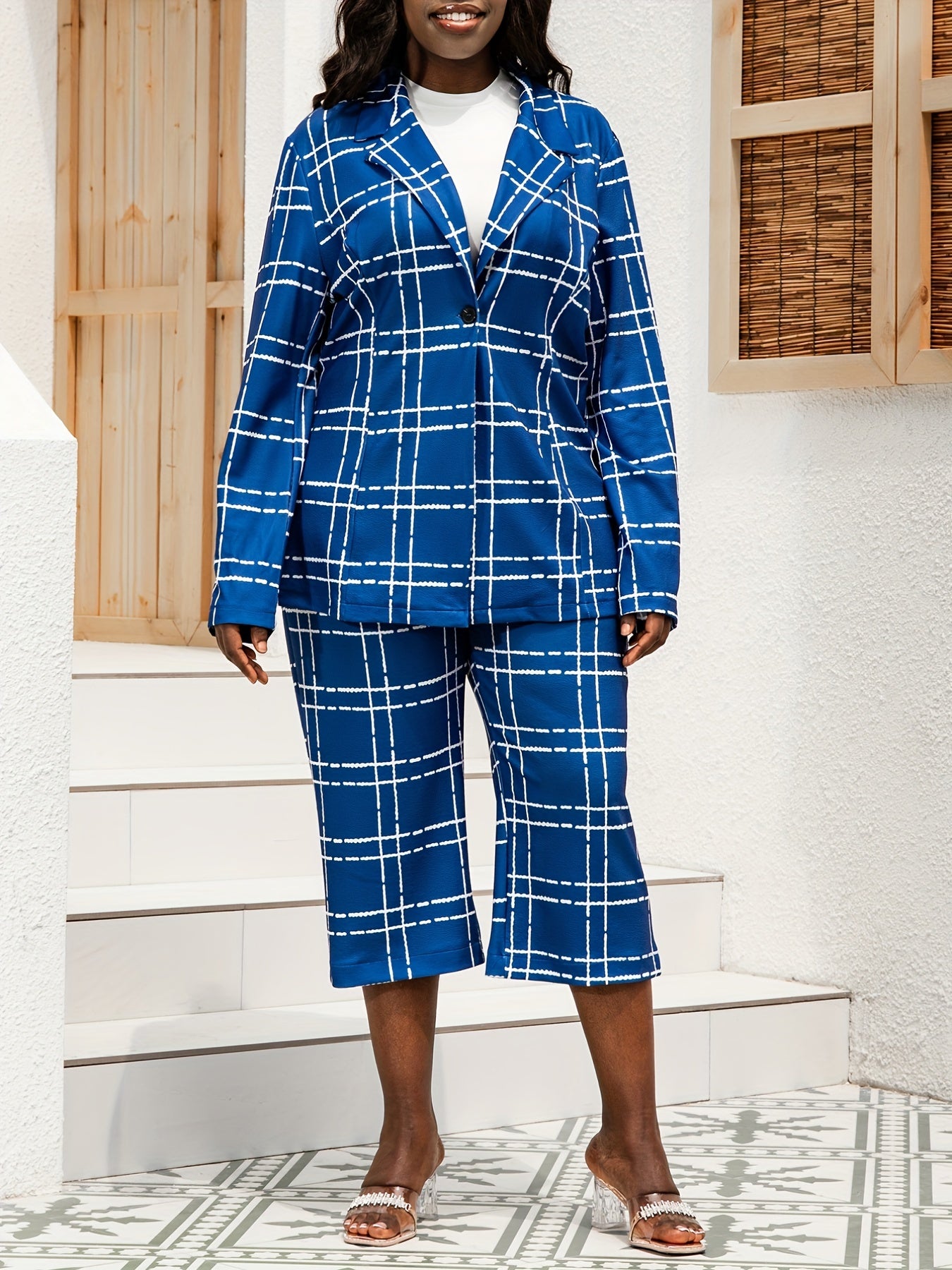  Grid Print Blazer & Pants Suit Sets