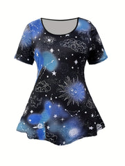  Galaxy Print Peplum Top & Denim Print Leggings Set