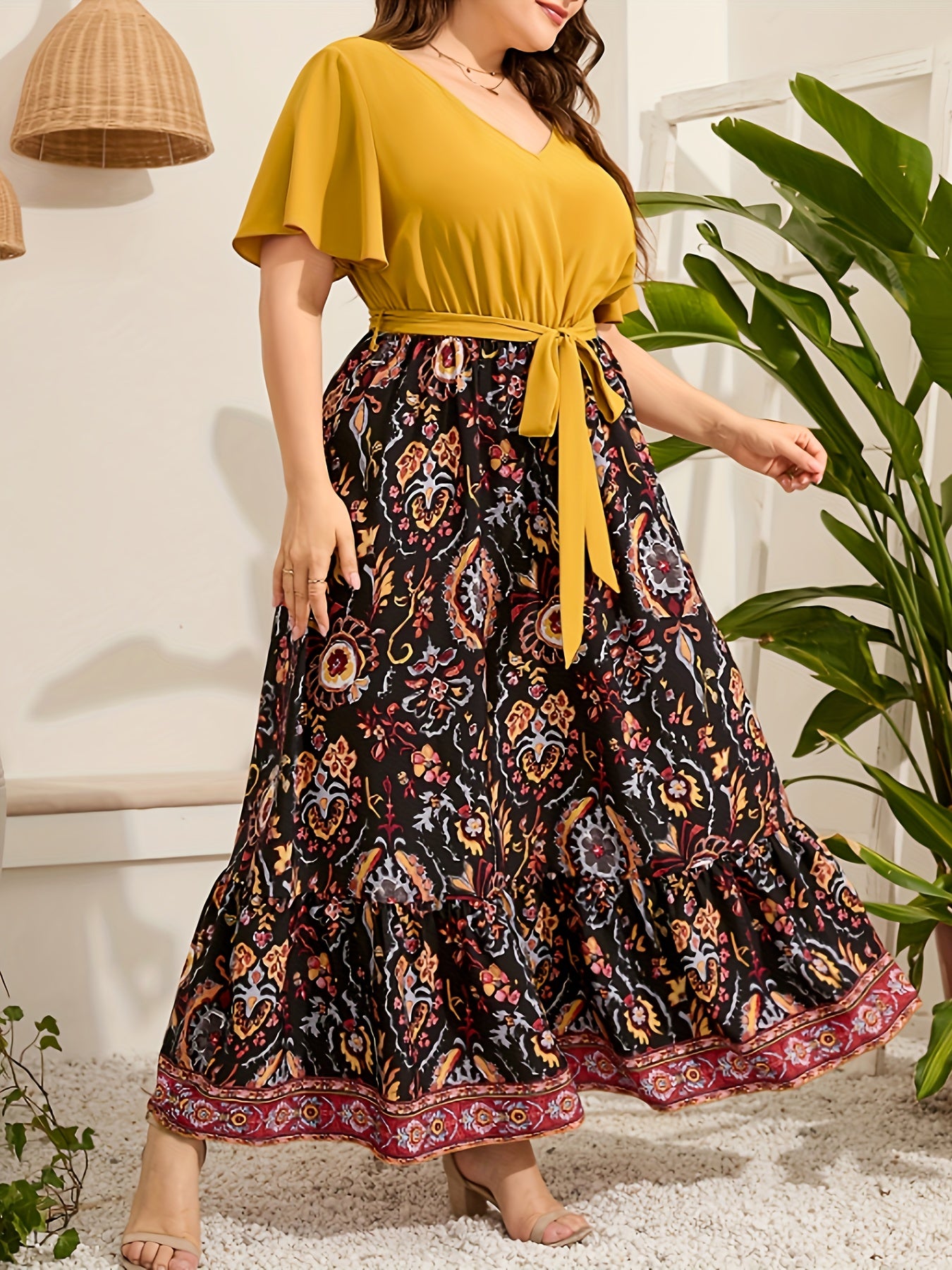  Colorblock Floral Print Knot Front Maxi Dress