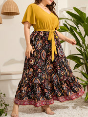  Colorblock Floral Print Knot Front Maxi Dress