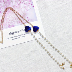 Velvet Double Heart Pendant Mask Chain with Faux Pearl Detail