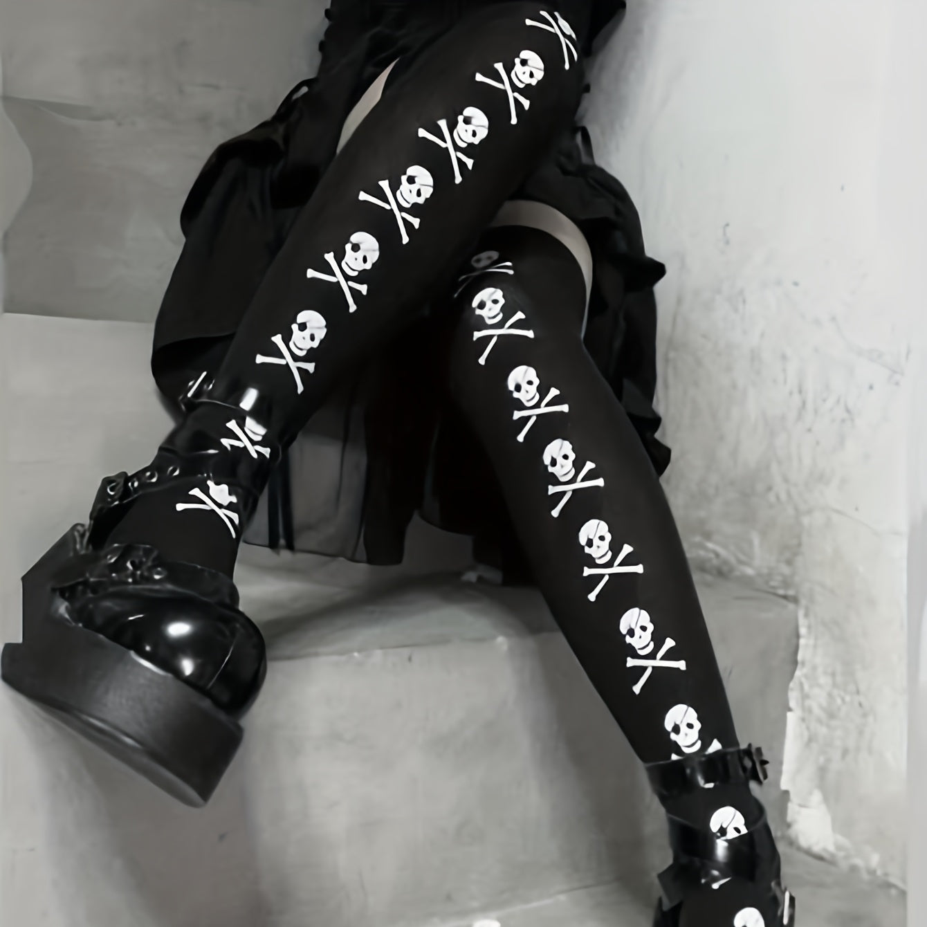 Skull Print Thigh High Socks Halloween Over The Knee Stockings