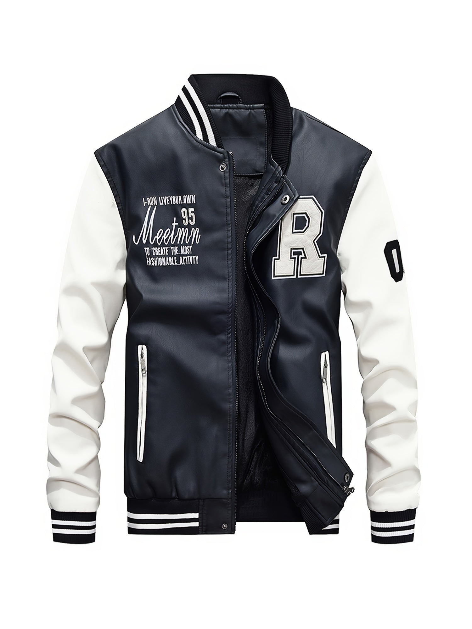 Men's Casual Zipper Baseball Collar PU Leather Jacket