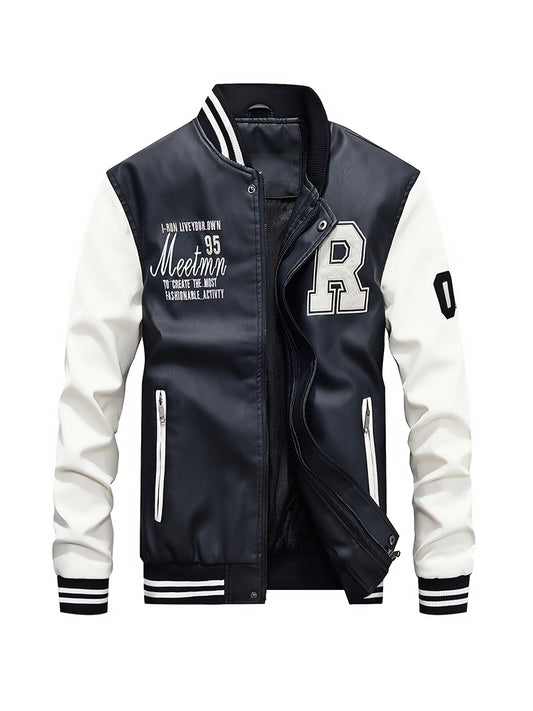 Men's Casual Zipper Baseball Collar PU Leather Jacket