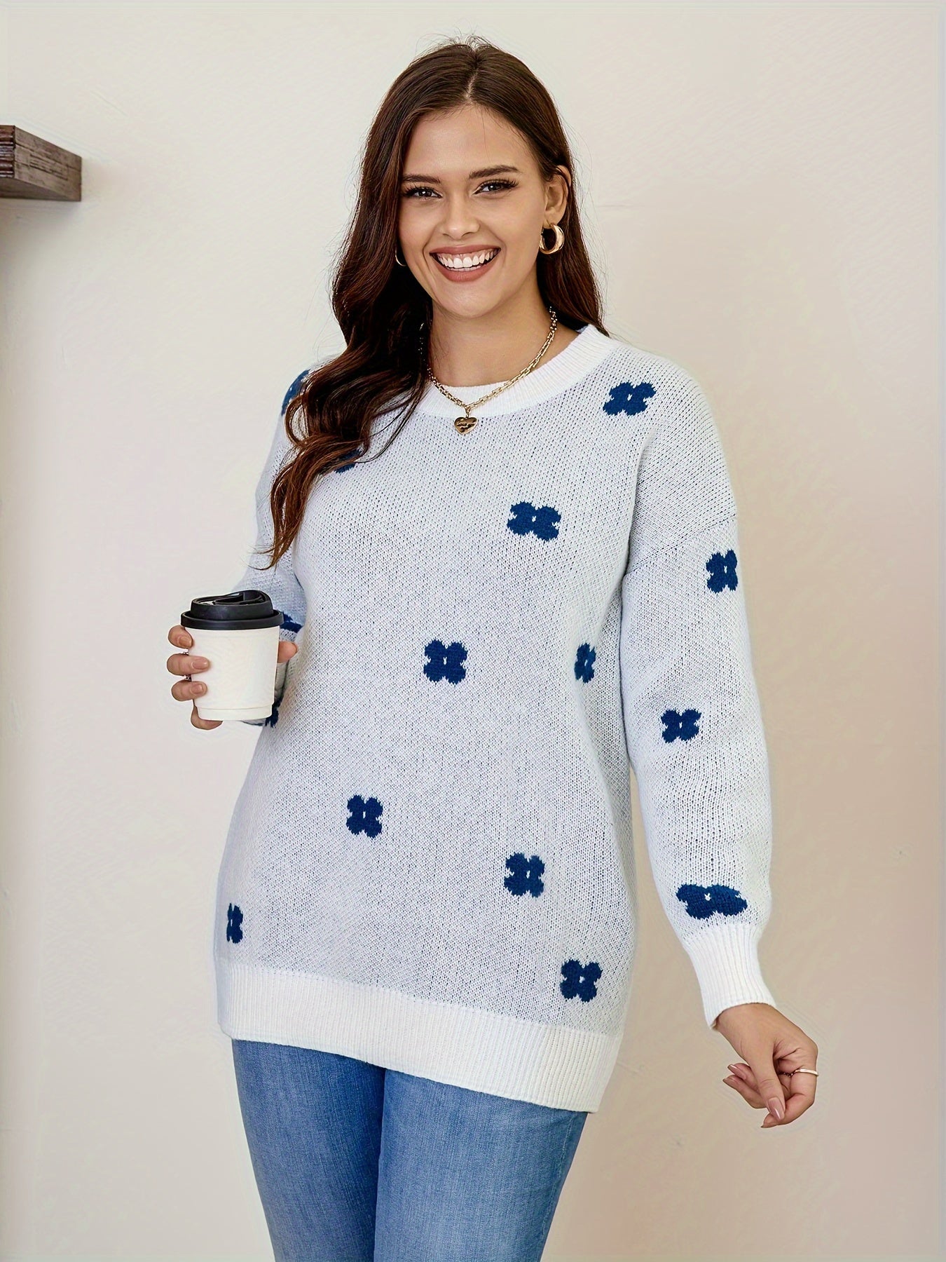  Floral Pattern Long Sleeve Pullover Jumper