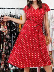  Floral Print V-Neck Short Sleeve Dress With Belt