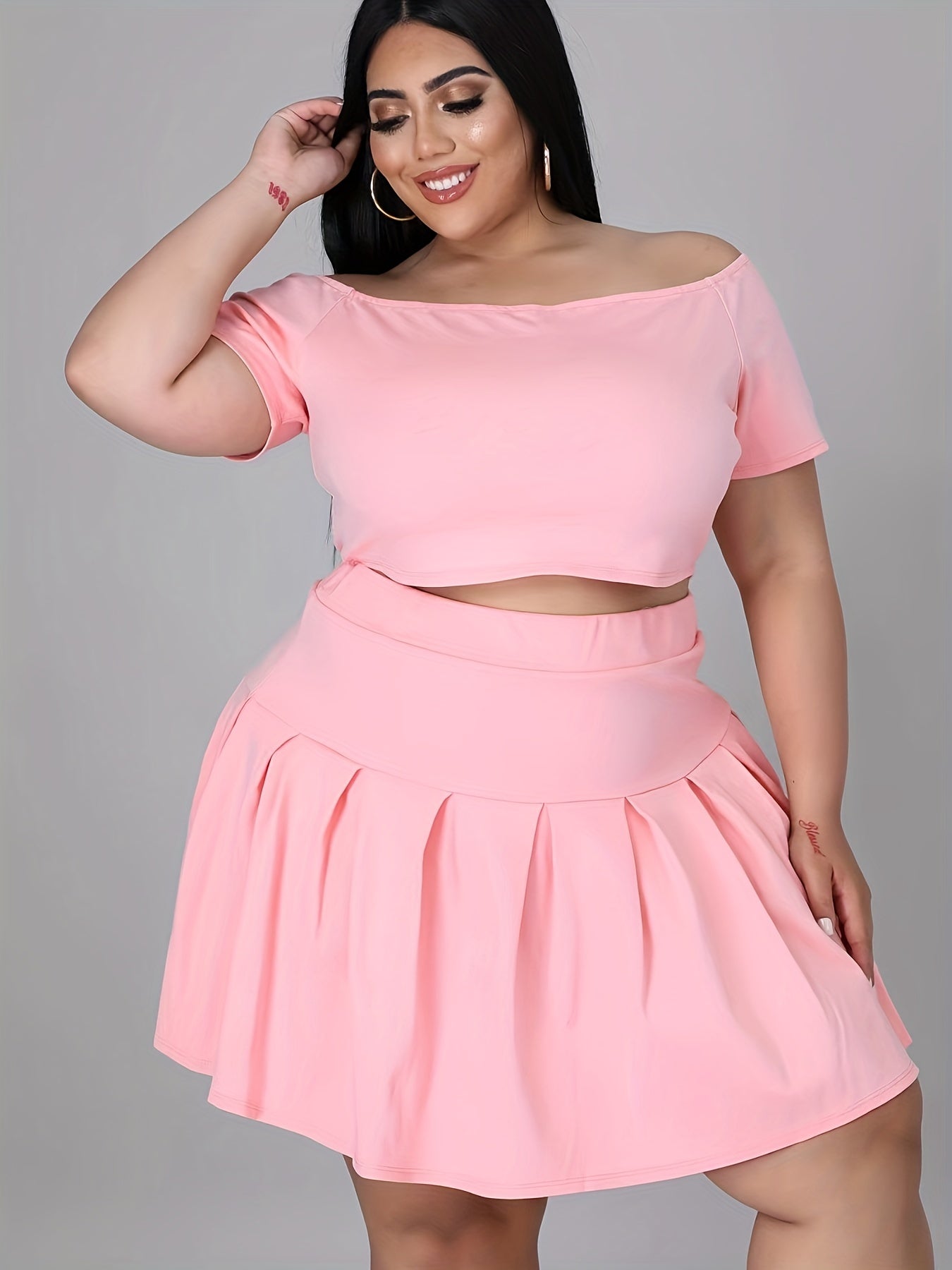  Off Shoulder Crop Top & Mini Skirts Set Women's Plus Casual 2pcs Set