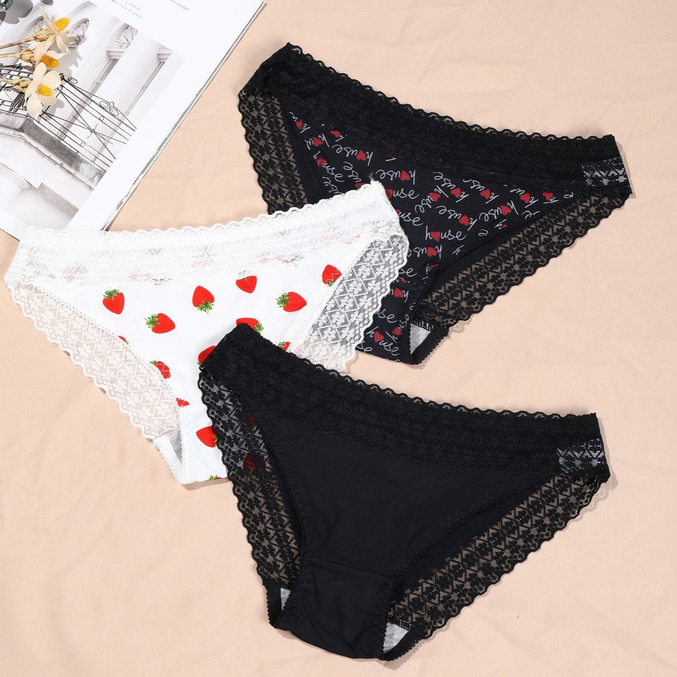  Sexy Lace Underwear Set 3pcs Letter High Stretch Panty