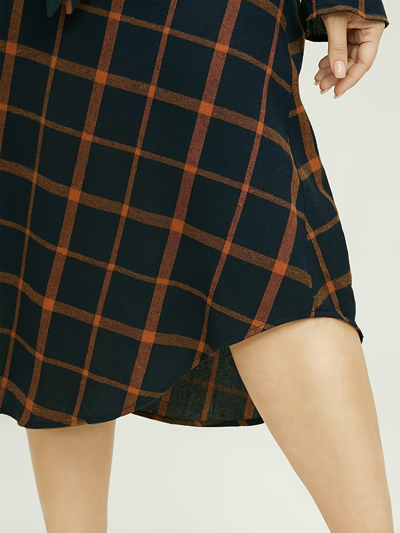  Plaid Print Button Up Long Sleeve Dress With Belt
