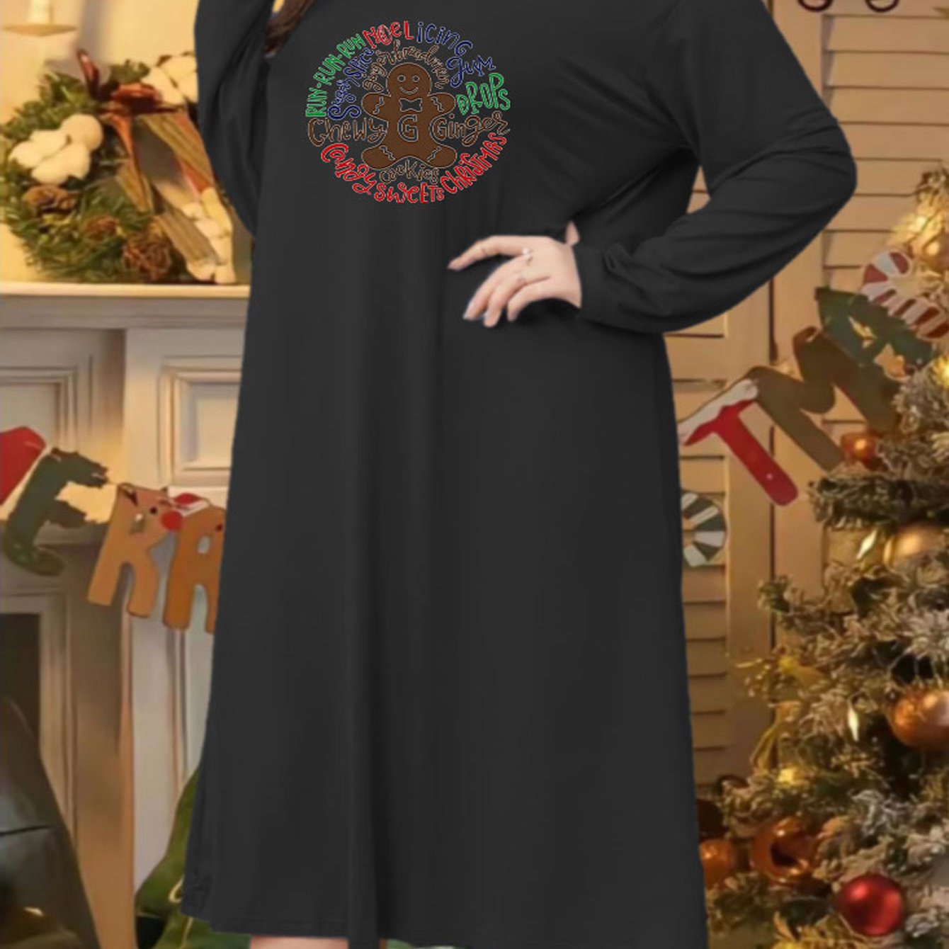  Christmas Gingerbread Man Print Loungewear Dress
