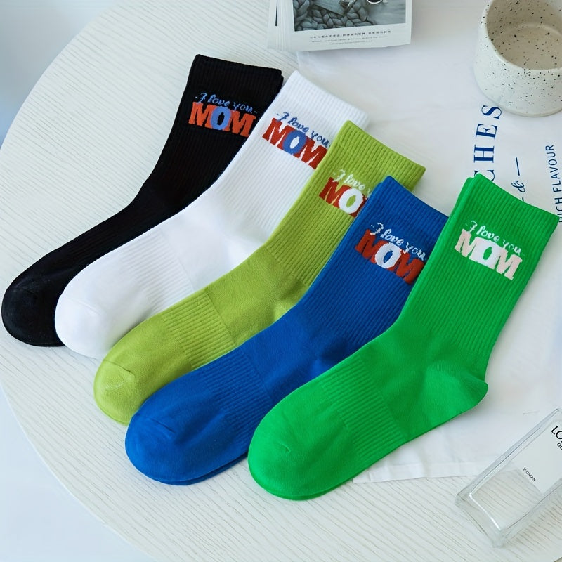 5 Pairs Letter Print Ribbed Socks Mid Tube Women's Stockings