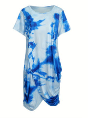  Tie Dye Short Sleeve Ruched Side Wrap Dress